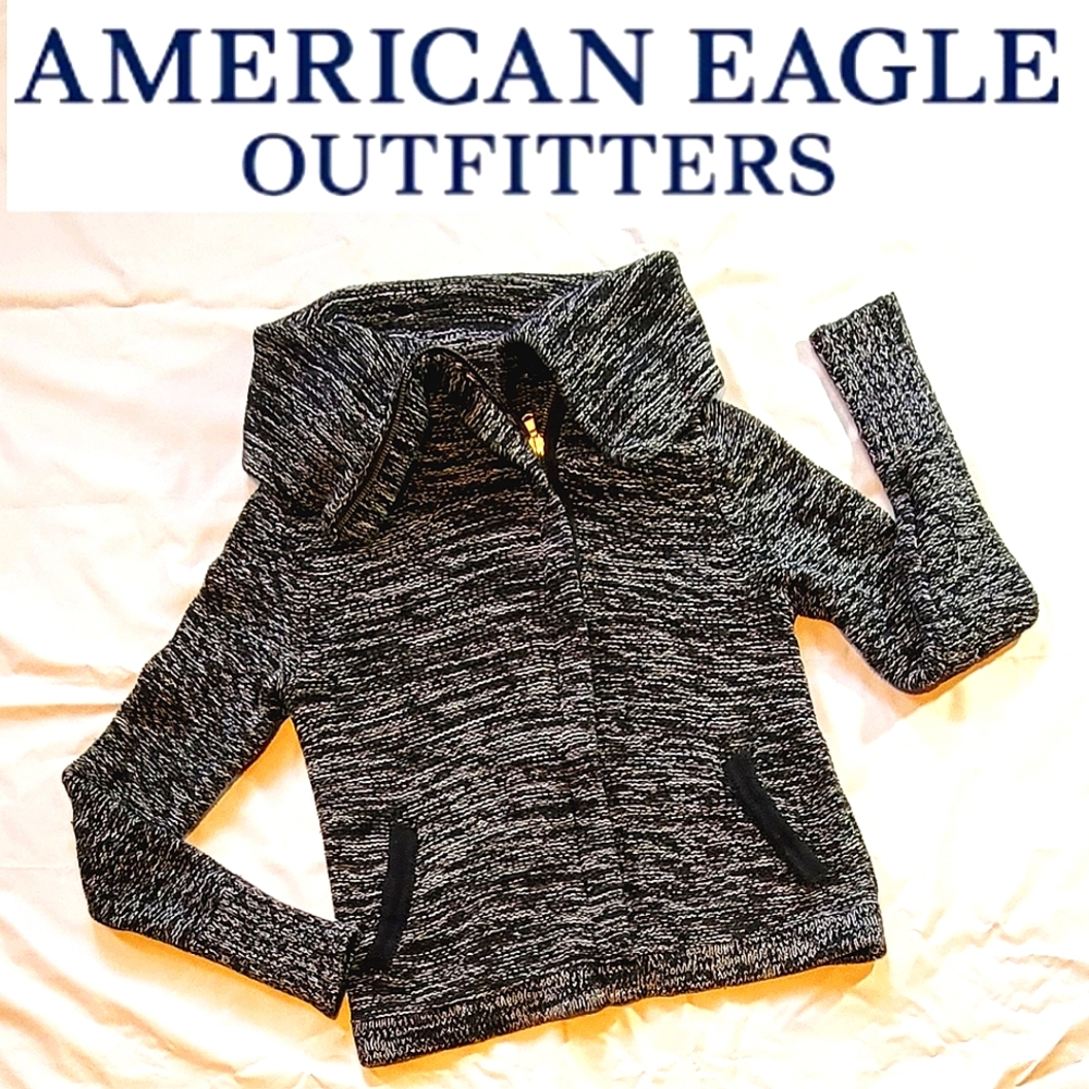 AEO marled black full zip cowl neck moto style sweater jacket
